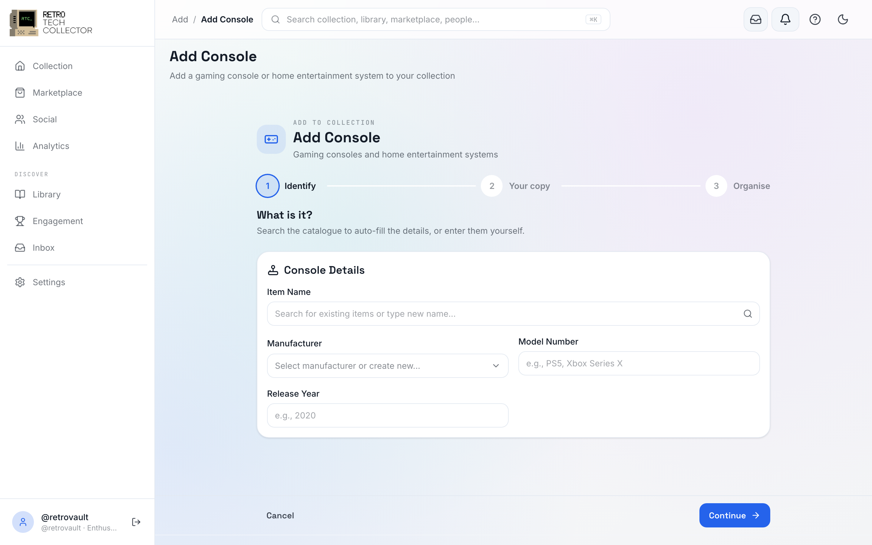 The manual item form with fields for category, condition, value, storage location and notes