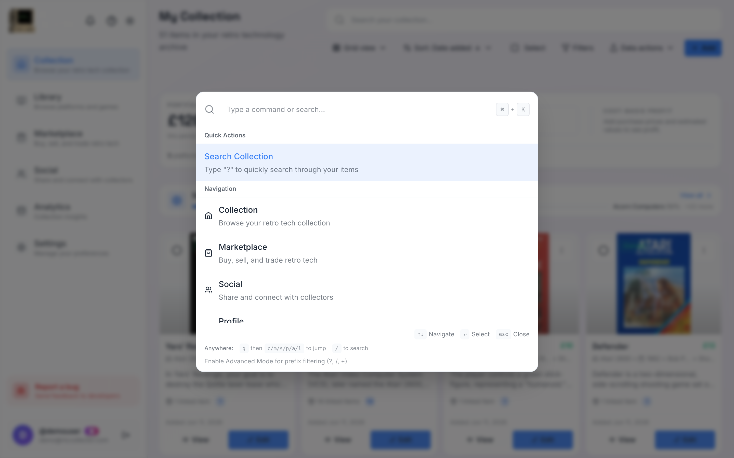 The RetroTechCollector command palette open over the app, with a search field and a list of jump-to destinations and actions