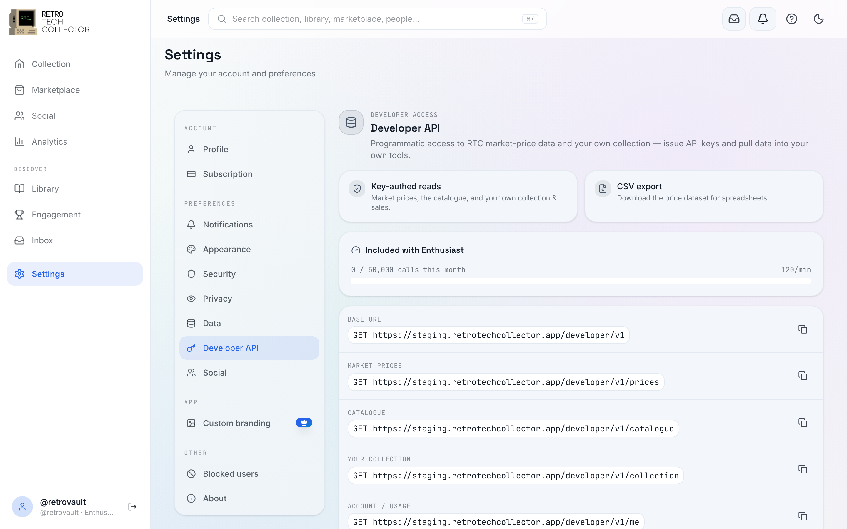 The Developer API settings screen, showing an API key, its scopes and this month's usage