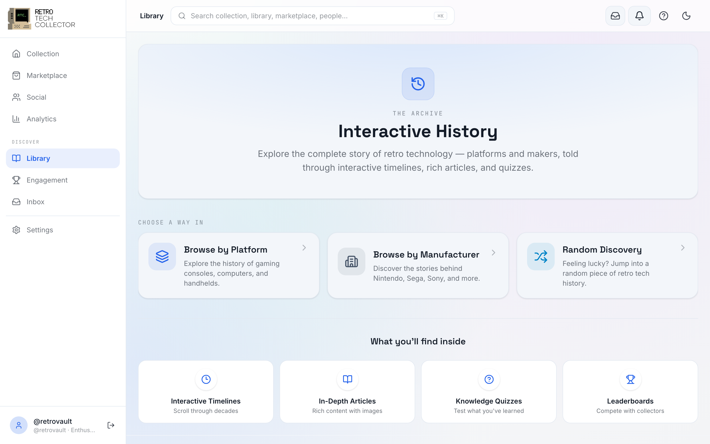 The Interactive History home screen showing curated timelines and featured articles
