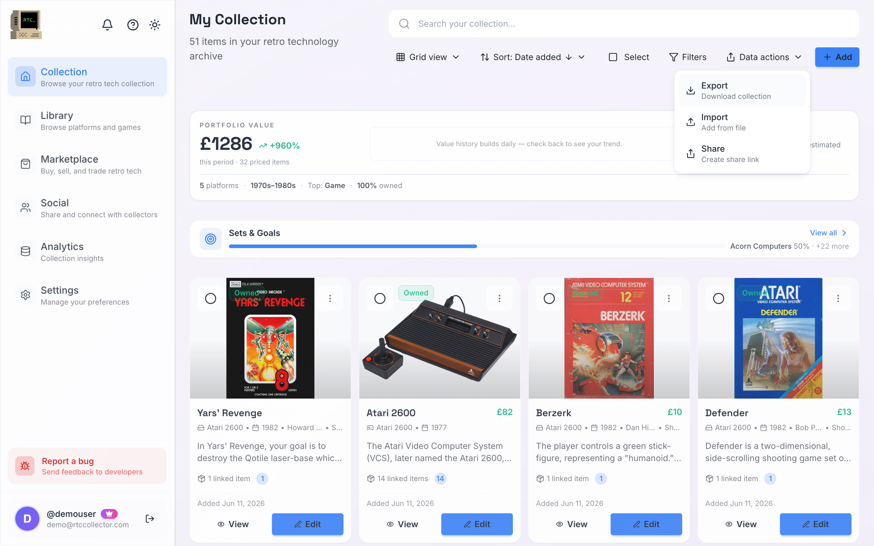 The import and export screen, with options to upload a CSV or JSON file and to download the collection