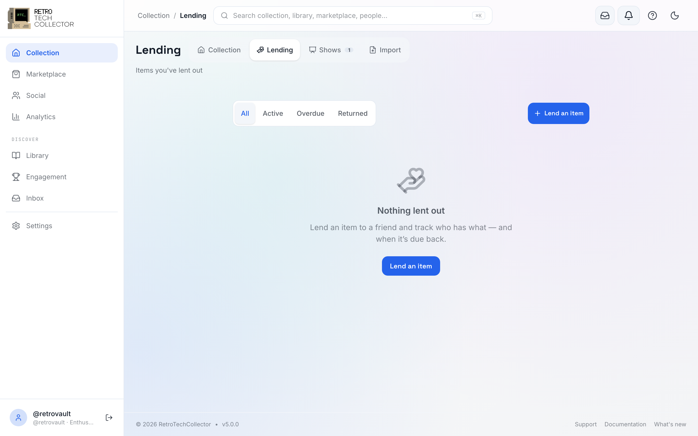 The loans tracker listing lent items with active, overdue and returned statuses
