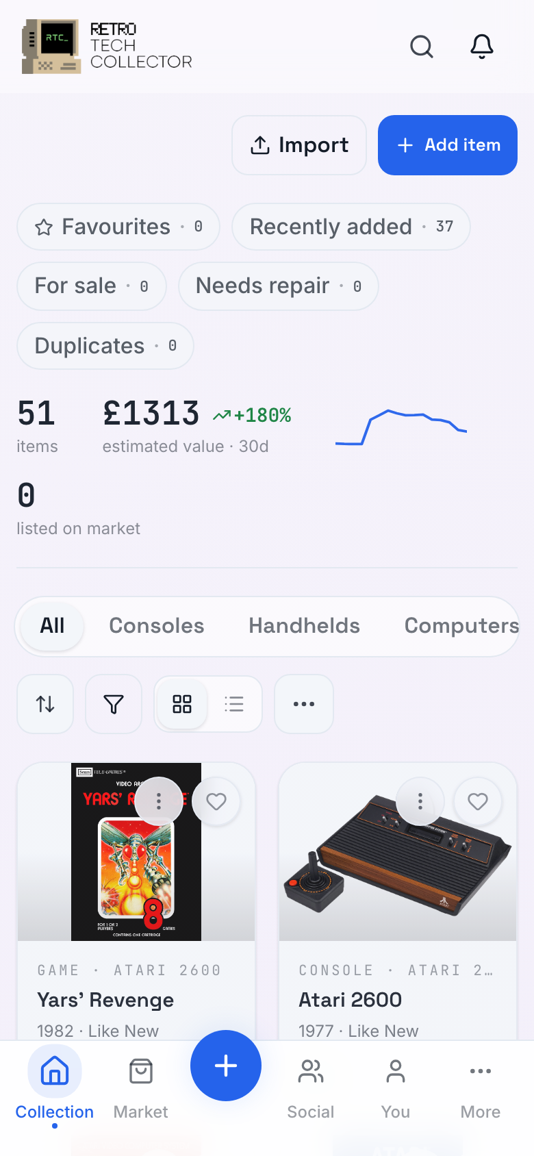 Close-up of the five-tab bottom bar: Collection, Marketplace, Add, Social and You