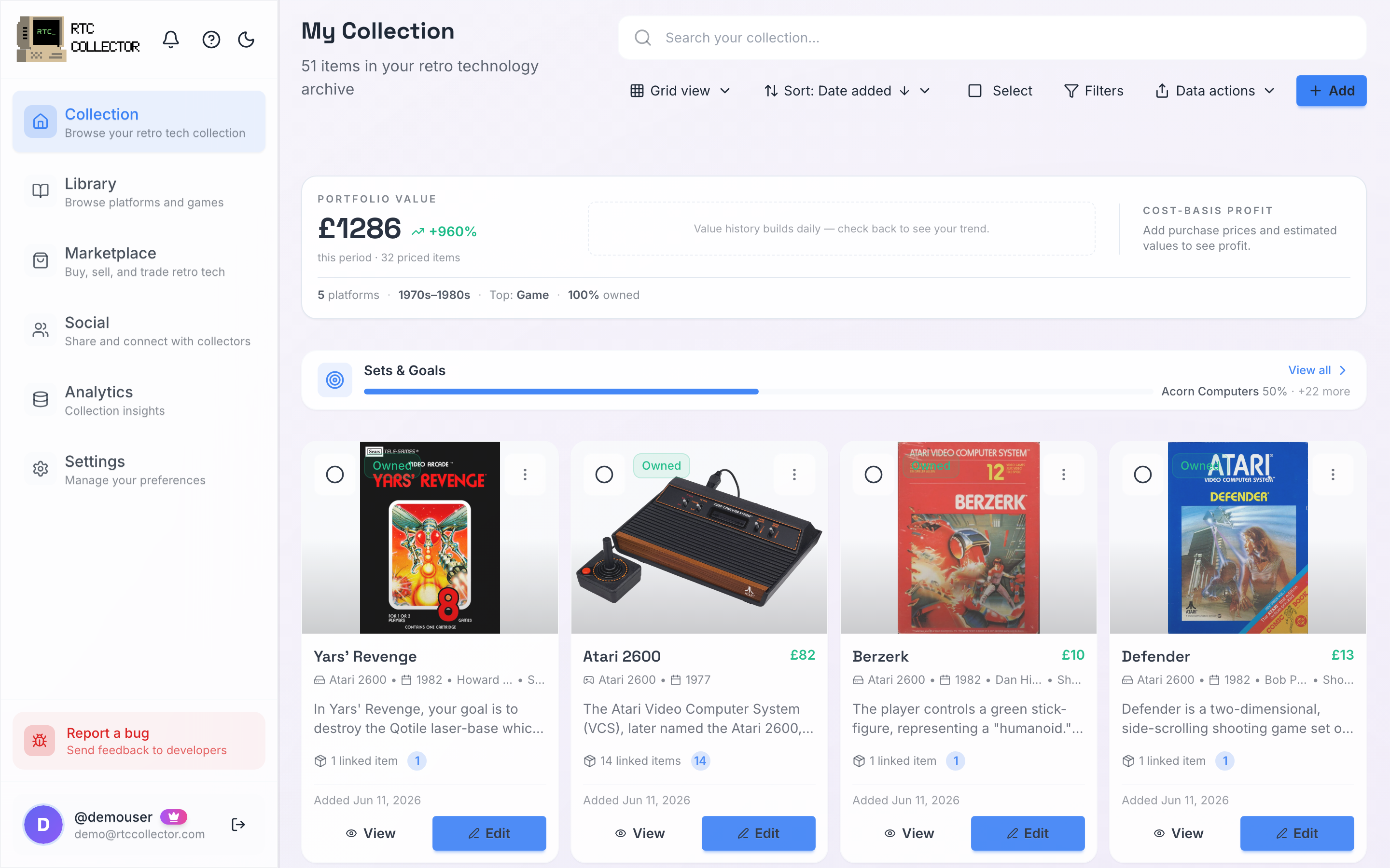 The RetroTechCollector notifications panel showing recent alerts grouped by category