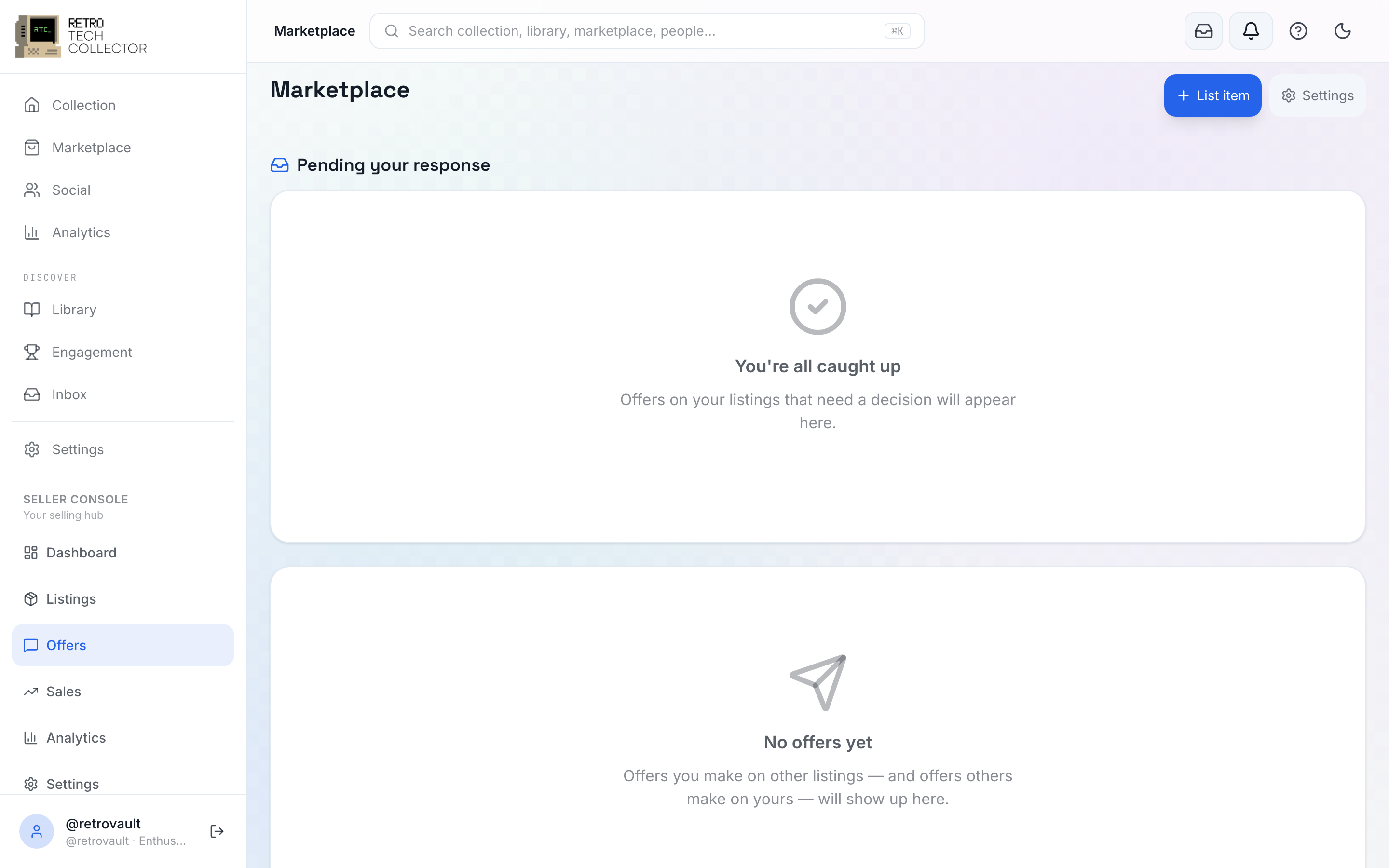 The unified Offers hub showing received, sent, accepted and history views
