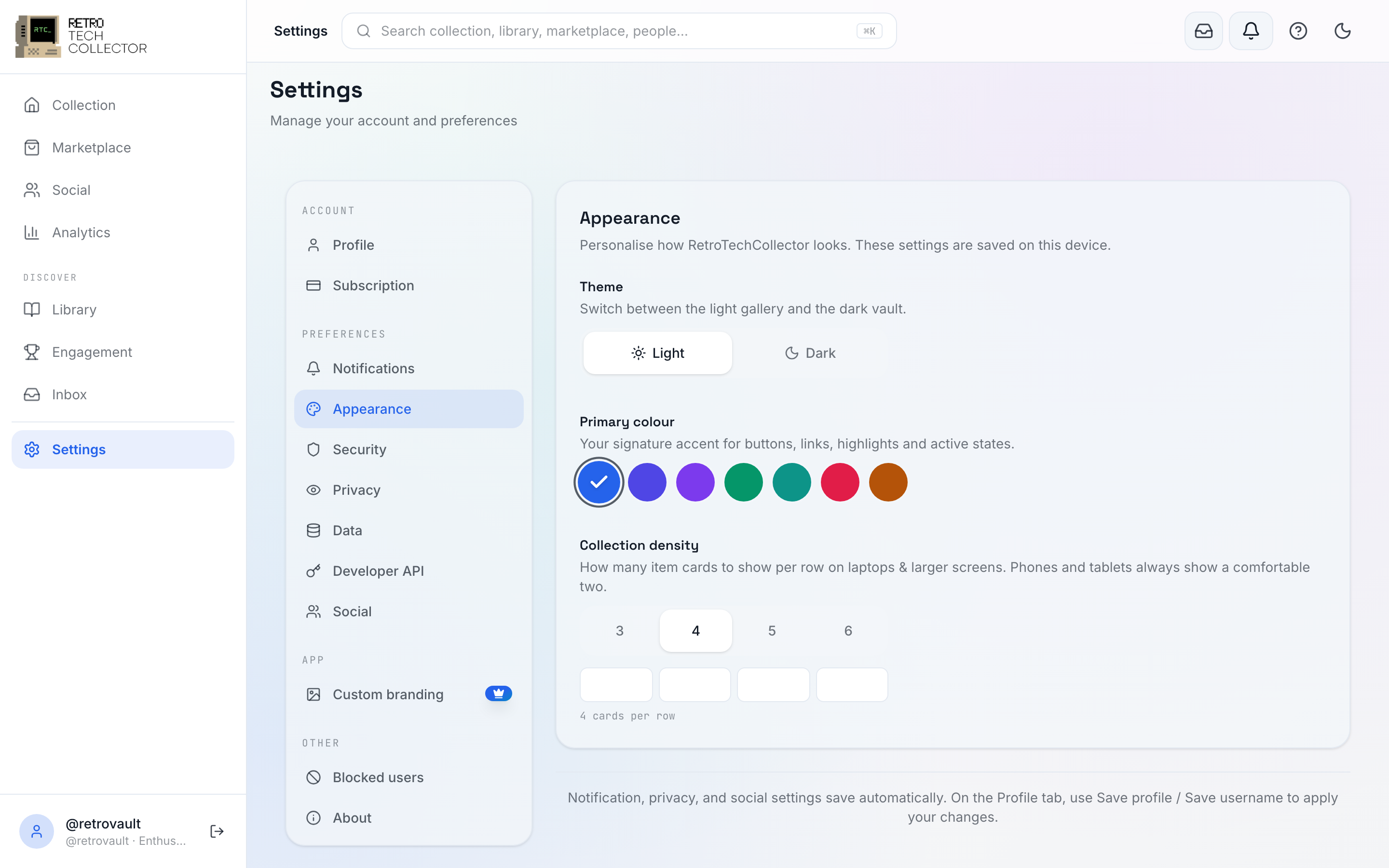 RetroTechCollector appearance settings showing theme, accent colour and density options