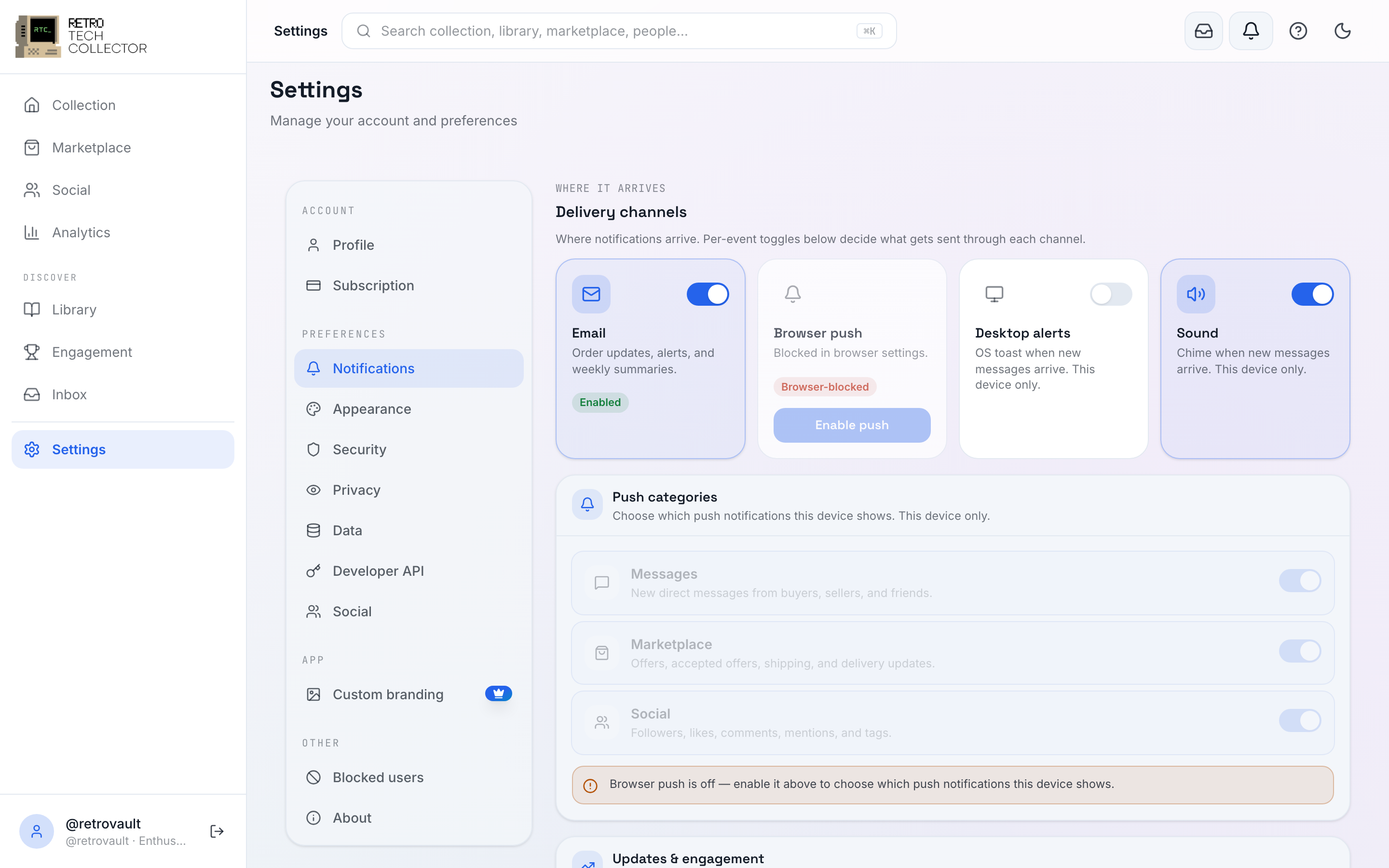 The notification settings screen with per-category toggles for push and email